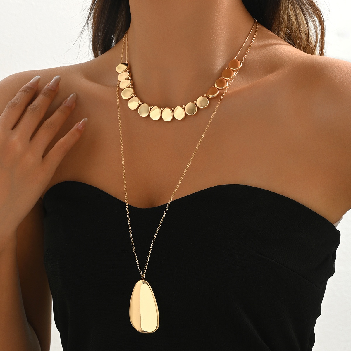 Geometric Beaded Short and Long Chain Pendant Necklaces Set